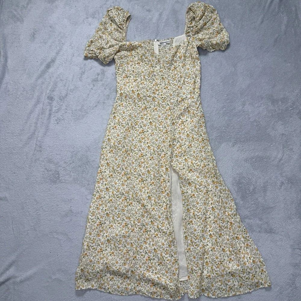 Reformation Women's Size 10 Floral Maxi Dress Puff Sleeve Sweetheart Slit